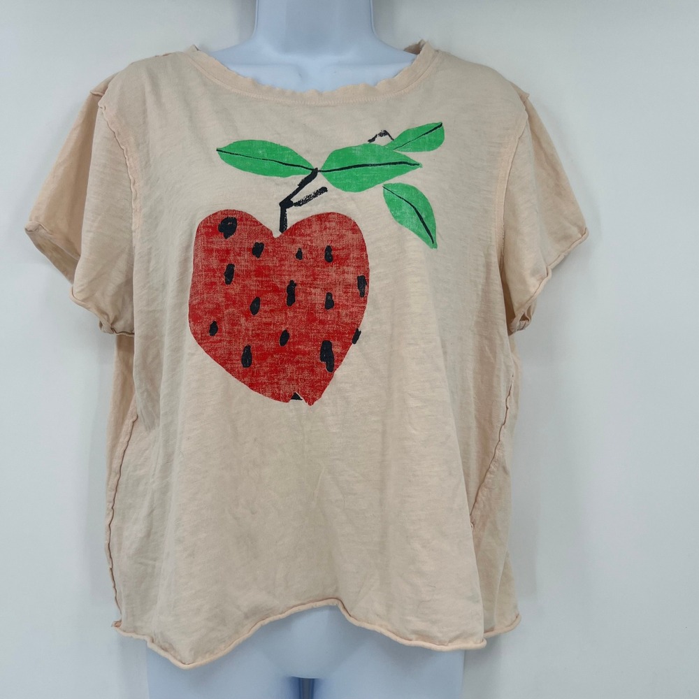 Maeve by Anthropologie Large Peach Strawberry Graphic Tee Raw Hem - Picture 10 of 10